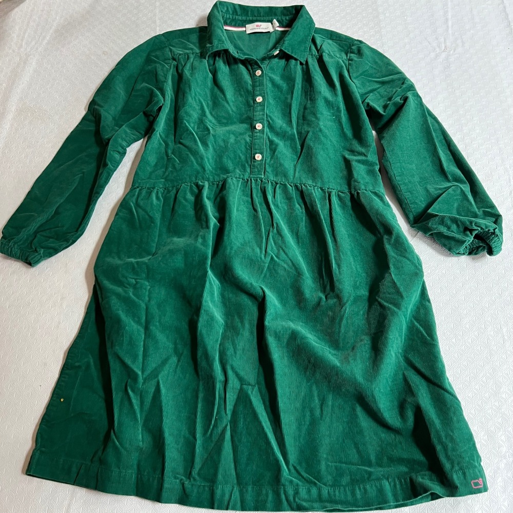 Vineyard Vines Girls Green Corduroy Long Sleeve Button Front Dress Size L 14-16